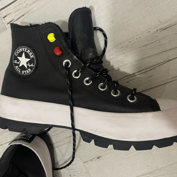 Converse Black and White leather High-Tops with Yellow and red Accent!Beautiful - Picture 2 of 14